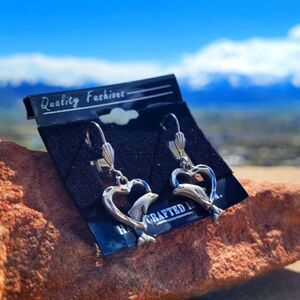 NEW! Dolphin Heart Shell Dangle Silver Earrings